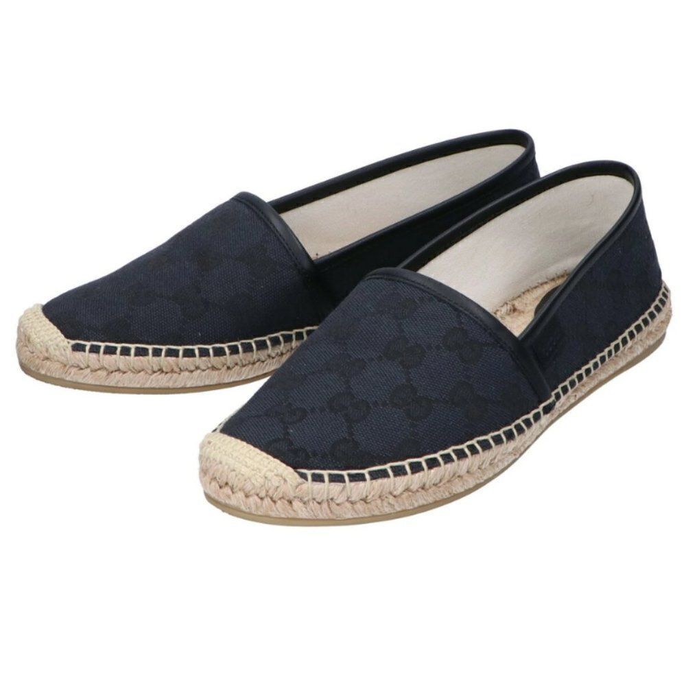 Gucci Monogram Signature Jacquard Espadrilles Black Canvas Shoes Size 34